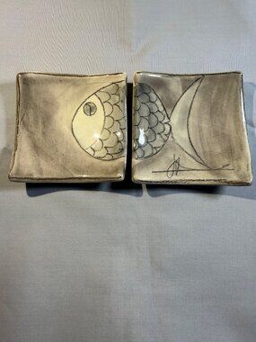 One of a kind Handcrafted Ceramic Fish Design Square Plates Set Of Two Signed Li